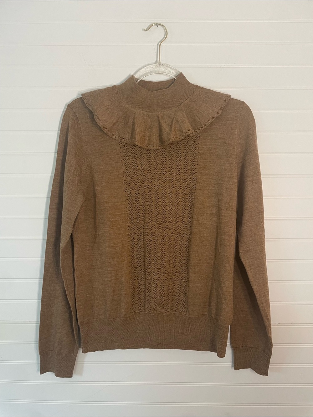 J.Crew Merino Wool Ruffled Mock Neck Sweater Pointelle Stitch Size M Tan Brown